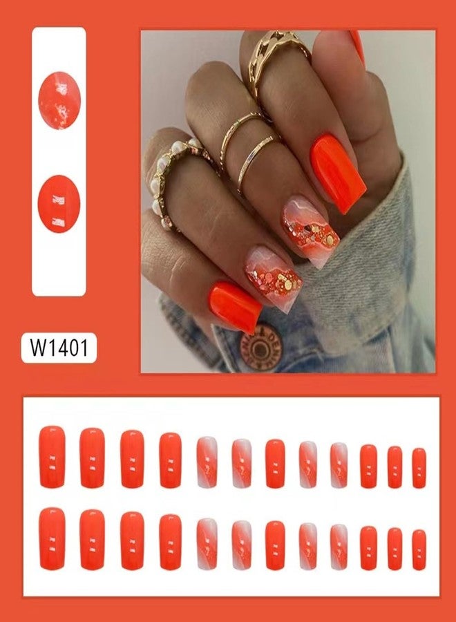 CTTHNBD Medium Press on Nails Square - Orange Fake Nails with Gold Foil Design - Glossy Full Cover Stick on False Nails - for Women 24 Pcs - Image 2